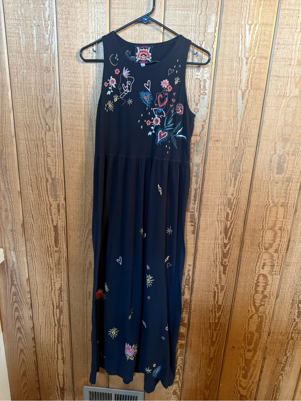 Johnny Was Ruth Black Embroidered Maxi Tank Dress with Multicolor Floral Motifs